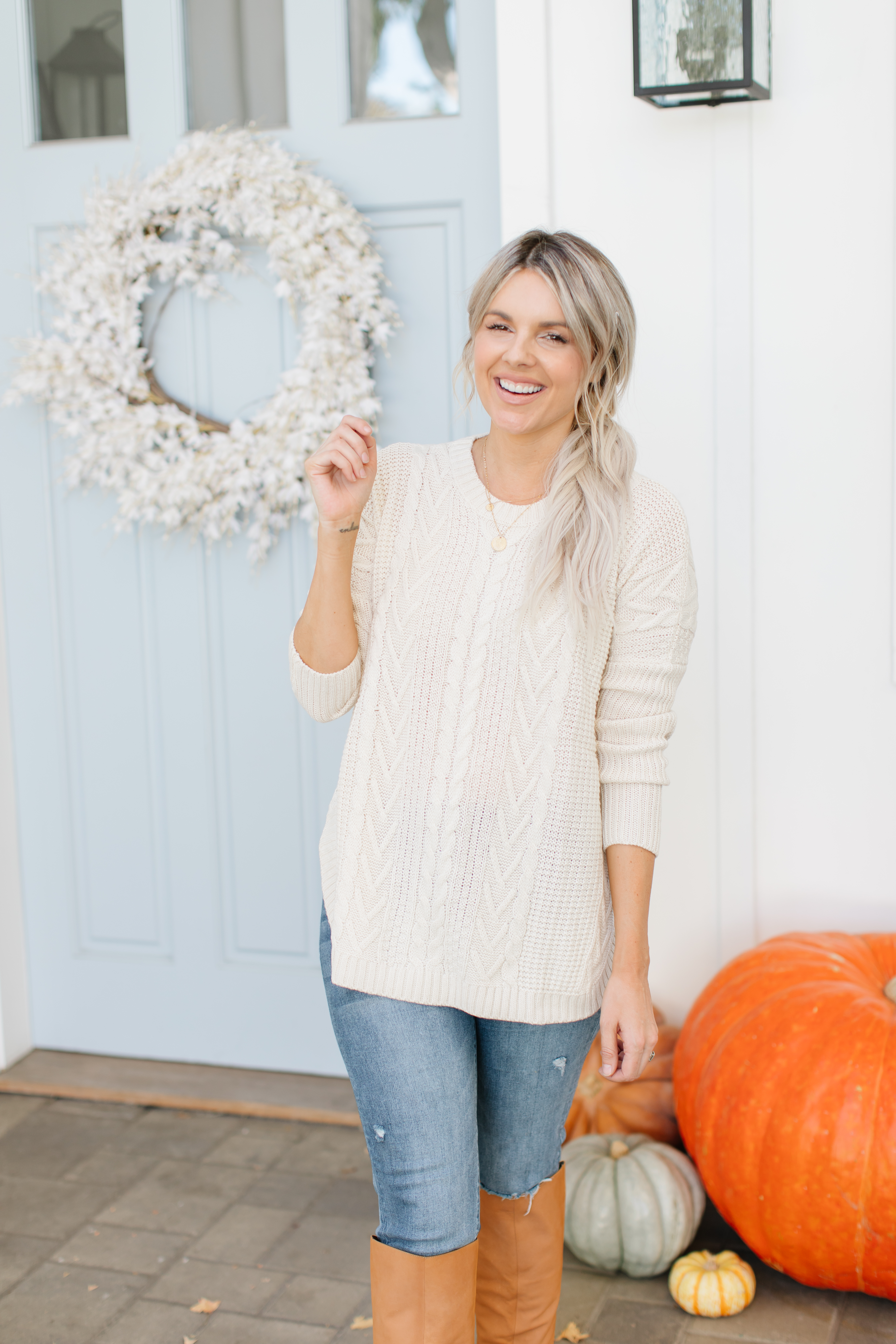 white knit sweater